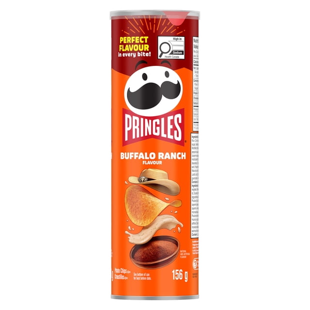 Pringles Buffalo Ranch Potato Chips 156 g can with bright orange resealable packaging featuring the Pringles mustached logo, labeled Buffalo Ranch flavour, showing a chip with ranch dressing and buffalo sauce splashes, suitable for convenient snacking.