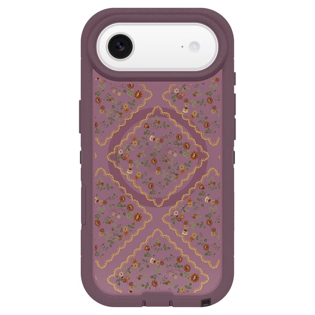 OtterBox Defender Pro XT Clear MagSafe Case w/Camera Control Dusk Reverie (Purple) for iPhone Air, front-facing view of a slim, dual-layer protective case with a clear back featuring a purple floral diamond pattern. It has raised edges for screen and camera protection, grippable rubber sides, precise camera control opening, port covers, and built-in MagSafe magnets for secure charging and accessory attachment, ideal for rugged daily use.