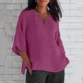 thumbnail image 2 of UPPADA Hauts pour Femmes Tendance Chemises à Manches 3/4 Habillées Décontractées Blouses en Lin Couleur Unie Col Ras du Cou Chandail d'Été Printemps Hauts, 2 of 5