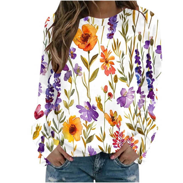 KIHOUT Chandails Molletonnés pour Femmes en Liquidation, Hauts Blouse à Manches Longues d'Automne et d'Hiver à Col Rond à Imprimé Floral, Coupe Ample, Taille P-2TG