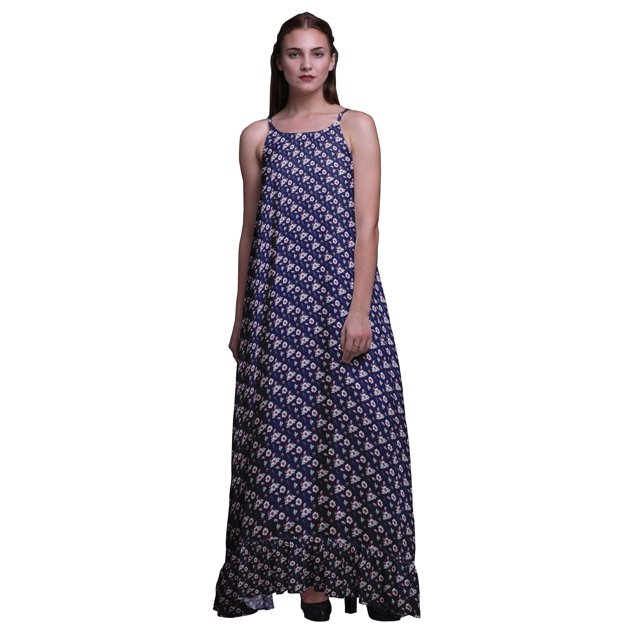 Bimba Robe de Nuit Imprimée Bleu Marine à Plumes Florales et Anémones pour Femmes Longue à Bretelles Spaghetti Robe Maxi Vêtement de Nuit Robe XXX-Large