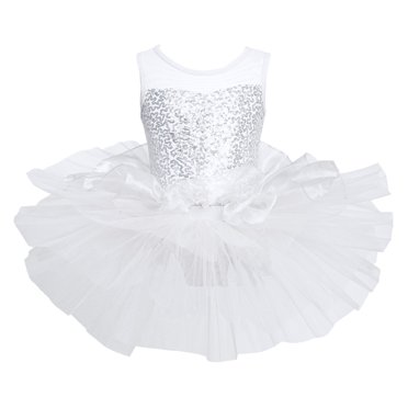 Aislor Kids Girls Sleeveless Sparkly Rhinestone Leotard Dress Ballet Dance Mesh Splice Tutu Skirts White 3