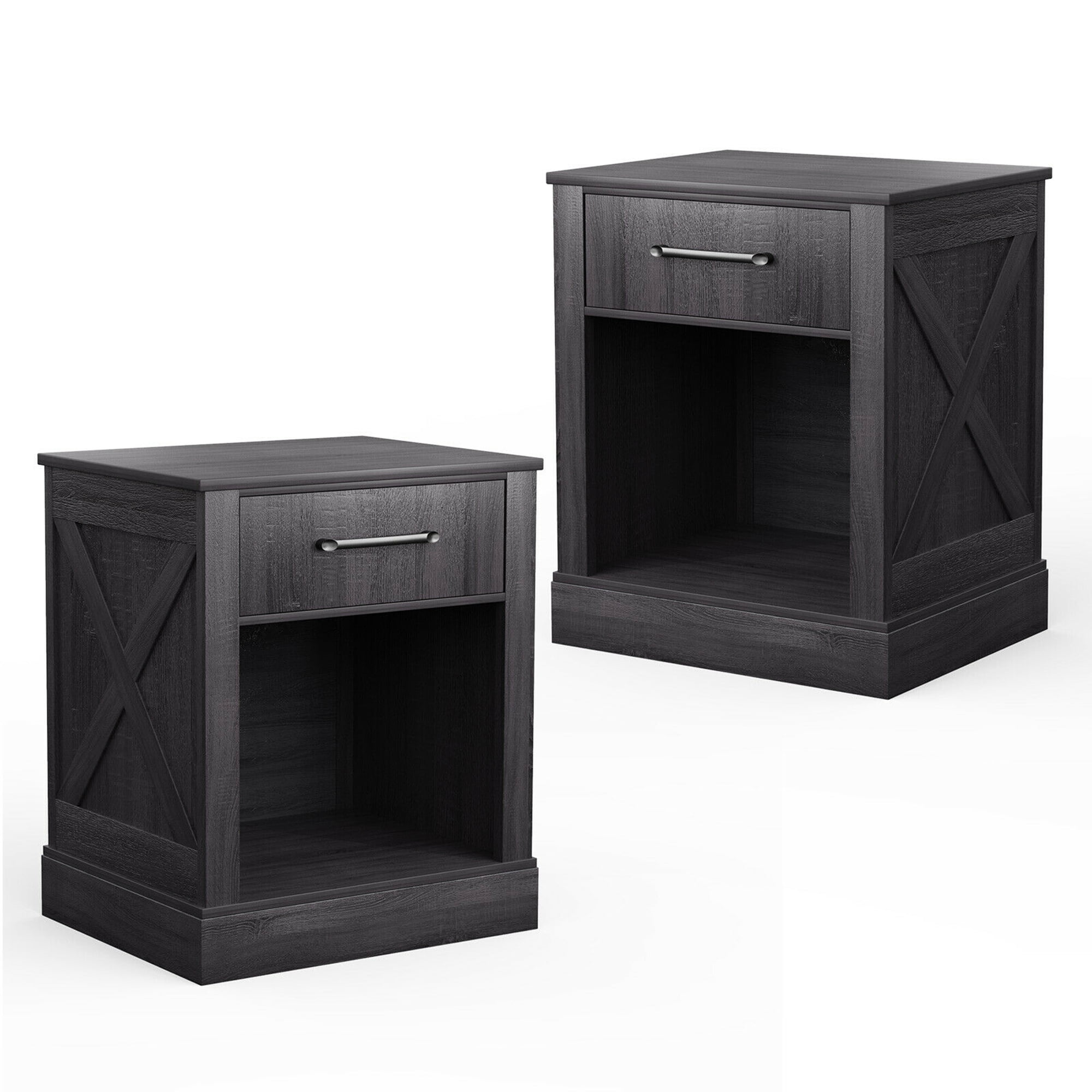 Gymax 2PCS Nightstand with Drawer and Shelf Rustic Wooden Bedside Table Bedroom Black