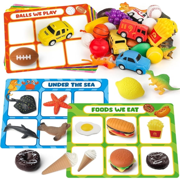 Sorting Toy for Toddlers, Animals Dinosaurs Fruits Vehicles Foods Fishes Balls Farm Playset, Fine Motor Montessori Game Preschool Educational Learning Gift for Year Old Kids