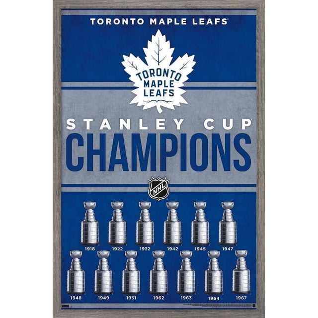 LNH Maple Leafs de Toronto - Affiche Murale Champions 23 Présentant une Impression Lustrée Encadrée avec un Fond Bleu et Gris. Elle Affiche le logo Maple Leafs de Toronto Blanc, le Texte Audacieux « Stanley Cup Champions », et 13 Trophées Argentés de la Tasse Stanley avec des Années de 1918 à 1967. Mesurant 22,375 par 34 Pouces, Elle Convient à la Déco Murale dans les Chambres, les Bureaux Ou les Résidences Étudiantes.