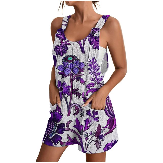 Pisexur Combinaison Plus de Taille Décontractée Femmes Summer Floral Sans Manches Fronceur Sangle Spaghetti Réglable Extensible Shorts une Pièce avec Poches S-3XL