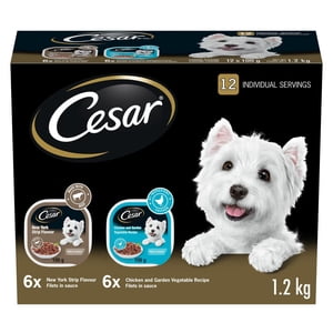 Cesar Adult Filets in Sauce Chicken & Garden Vegetables, New York Strip Flavour Variety Pack Soft Wet Dog Food 1.2kg