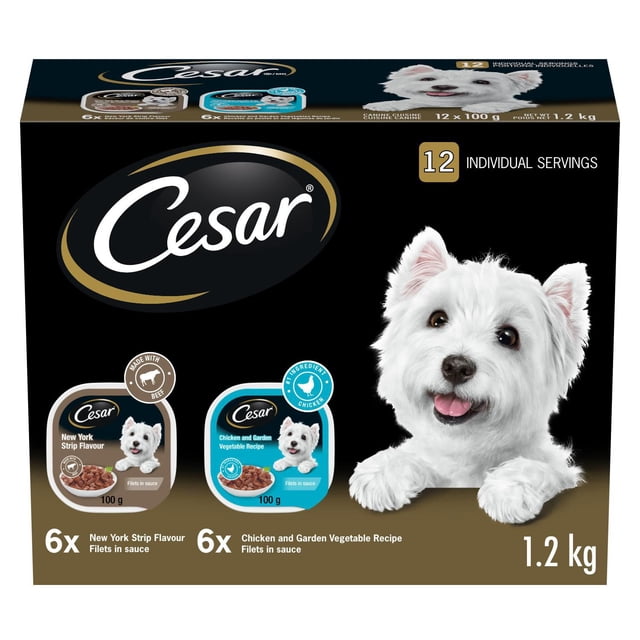 Cesar Filets adultes dans la sauce poulet & Légumes de jardin, New York Strip Flavor Variety Pack Soft Wet Dog Food 1.2kg