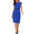 thumbnail image 2 of INSPIRE CHIC Robe de Bureau Élégante pour Femme à Col Rond, Manches Cap, Ceinturée, Robe Fourreau de Travail Bleu Royal G, 2 of 5