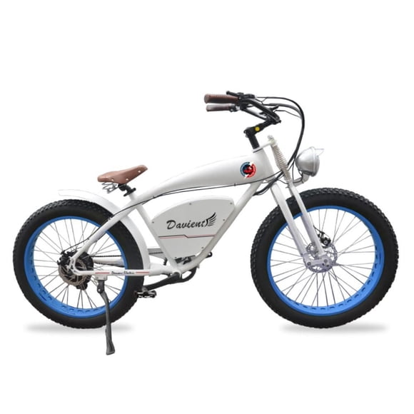 Vélo électrique Demon Electric Davient 500W de style croiseur rétro à pneus gras de 26 po, autonomie de batterie de 40-55 km (16,75 Ah), freins hydrauliques TEKTRO, 7 vitesses SHIMANO - Blanc, jantes