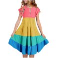 thumbnail image 1 of Besolor Bambin Bébé Filles Été Midi Robe Col Rond Volant Manches Couleur Bloc Étagé une Ligne de Plage Fluide Partie Robe, 1 of 5