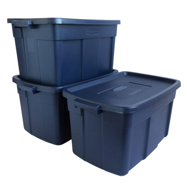 Rubbermaid Roughneck Bac de Rangement de 31 Gallons, Indigo Foncé Métallisé (Lot de 3). un Ensemble de Trois Bacs de Rangement Durables et Empilables avec Couvercles Qui Restent Hermétiques pour Protéger contre l'Humidité et les Parasites. Chaque Bac A une Capacité de 31 Gallons et Est Fait d'Un Matériau Résistant aux Impacts, Convient pour une Utilisation dans les garages, les Greniers Ou les Garde-Robes. les dimensions Extérieures Sont de 32,30 x 20,40 x 16,70 Pouces.