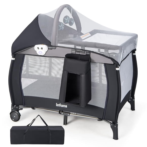 INFANS 4 Parc de Jeu Portable en 1, avec Berceau, Table à Langer, Capote, Moustiquaire, Jouets Suspendus, Boîte à Musique, Sac de Rangement et Grand Parc pour Bébés de la Naissance à la Petite Enfance.