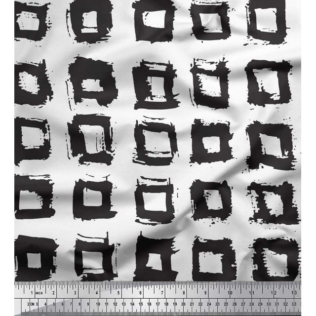 Soimoi White Rayon Fabric Square Geometric Printed Craft Fabric by the Yard 42 Inch Wide