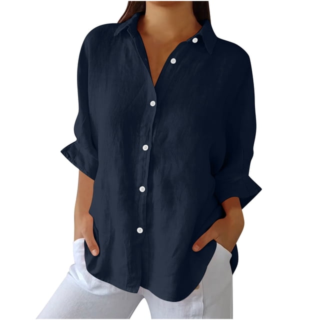 RKSTN Hauts pour Femmes Couleur Unie Coton et Lin Col Rabattu Chemises à Manches Longues Blouses Décontractées Printemps Été Polyvalentes Amples Grande Taille Hauts pour Femmes