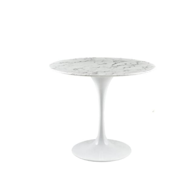 LEO TABLE à Manger en FAUX Marbre 36 Pouces avec Dessus en Panneau de Particules Laminées Rond Présentant des Veines de FAUX Marbre Blanches et une base Piédestal en Aluminium Blanche, Montrée Orientée vers l'Avant sur un Fond Blanc, Idéale pour la Cuisine et la Salle à Manger et Convenant Souvent comme Espace de Travail compact Ou TABLE de Déjeuner.