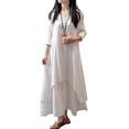 thumbnail image 3 of HIMONE Long Sleeve Solid Color Tunic Dress For Lady V-Neck Button Down Maxi Dress Womens Ruffle Pleated T Shirt Dress Irregular Hem Fake Two Piece Dress Plus Size, 3 of 3