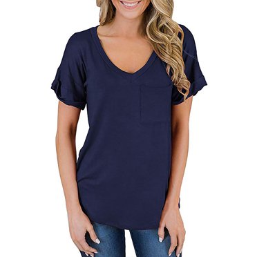 T-shirts à Manches Courtes pour Femmes, Décontractés, Amples, Col en V, Hauts Basiques, Unis, avec Poche, Hauts d'Été pour Dames, Taille 4-22