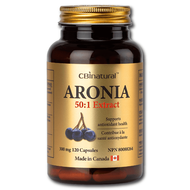 50x Concentrated Aronia 300mg 120 Caps by CBInatural, featuring a 50:1 extract of North American aronia berries. Each capsule delivers the antioxidant equivalent of 15g of fresh fruit, supporting immune health and daily vitality. The product is displayed in a dark amber bottle with a gold label, showcasing the brand name, product details, and an image of aronia berries. Made in Canada.