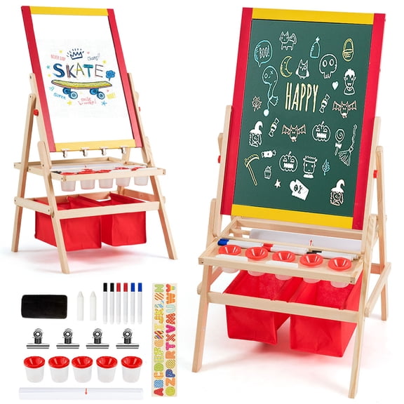 Costway Bacs de Rangement pour Rouleaux de Papier à Chevalet Artistique pour Enfants à Rabat Double Face