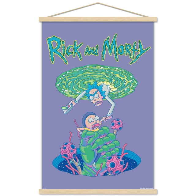 Rick And Morty - Portal Fall Wall Poster, 22.375" x 34" depicting Rick holding a portal gun emerging from a green swirling portal above, with Morty caught in a large green alien hand rising from a dark hole surrounded by pink tentacle-like growths, on a purple background. Printed on glossy paper, suitable for decorating bedrooms, offices, or dorms.