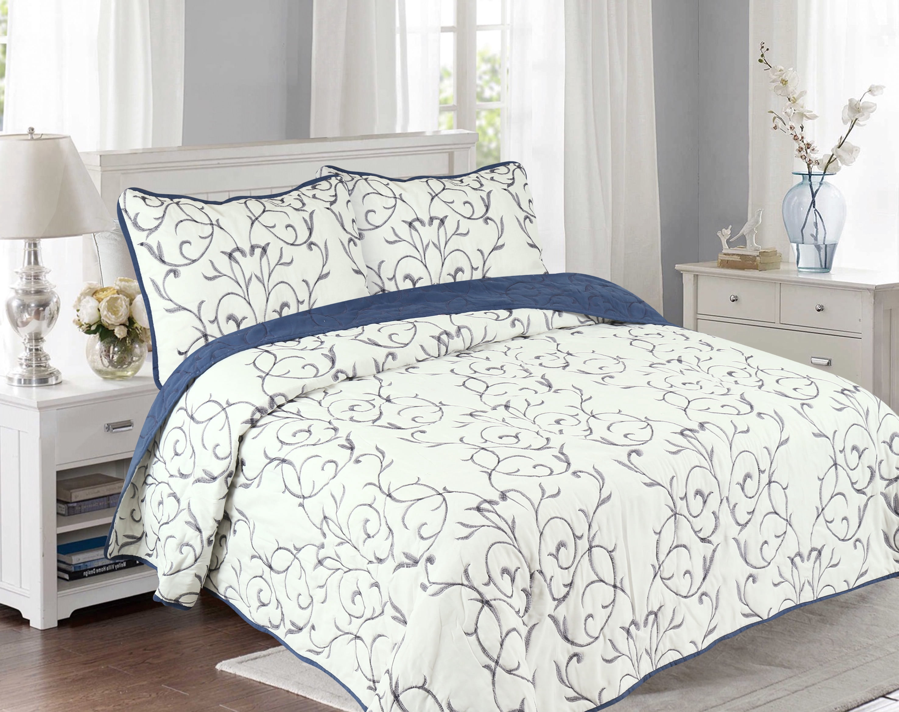 Marina Decoration Embroidered Stitching Coverlet Bedspread Ultra Soft Solid Bedding Summer Quilt Set with Quilted Sham, Navy Blue Branch Pattern