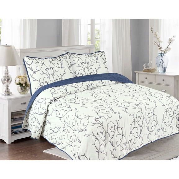 Marina Decoration Embroidered Stitching Coverlet Bedspread Ultra Soft Solid Bedding Summer Quilt Set with Quilted Sham, Navy Blue Branch Pattern