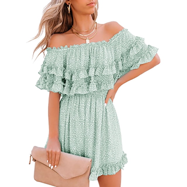Women‘s Summer Off Shoulder Dress Pleated Flowy Neck Belt Printed Dress