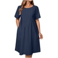 thumbnail image 1 of Amzcrzy Robes pour Femmes Robe en Coton et Lin de Couleur Unie Mode à Manches Courtes Robes d'Été pour Femmes Col Rond Robe d'Été Décontractée Plissée Robes Midi pour Femmes avec Poche, 1 of 9
