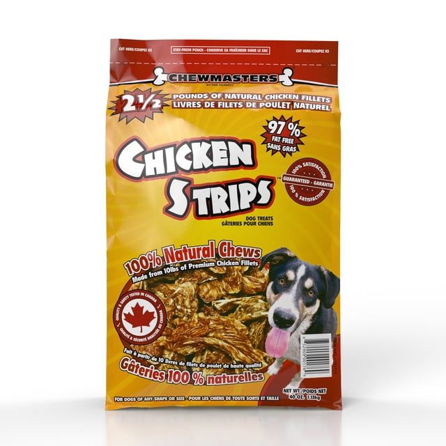 Chewmasters Chicken Strips Dog Treats in a yellow and red resealable pouch featuring natural chicken fillet strips and a black and white dog with its tongue out. The packaging highlights 97% fat-free, 100% natural chews made from 10 pounds of premium chicken fillets, suitable as healthy dog snacks and training dog treats, with bilingual English and French text and a Canadian quality assurance maple leaf logo. Always supervise pets while consuming these treats.
