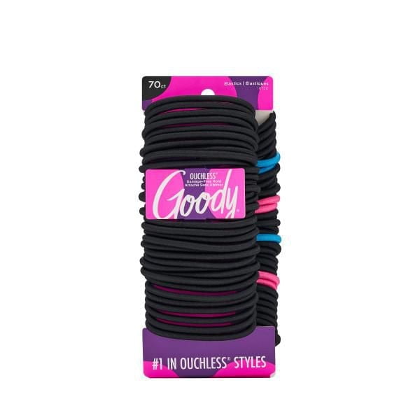Goody Ouchless Elastic 70Ct pack containing black no-metal hair elastics with some blue and pink bands, designed with Smart-Stretch cores for secure, comfortable hold without pulling, ideal for various hair styles and daily wear.