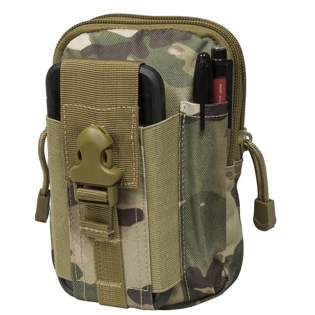 Mil-Spex Multi Pouch - Uniflage in camouflage polyester with two zippered pockets, a front buckled pocket for smartphones, and a pen pocket holding two pens, featuring M.O.L.L.E style rigging for attaching to tool bags or packs, also suitable for organizing small accessories.