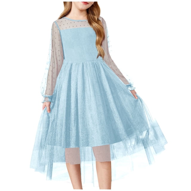 GDREDA Robes d'Été pour Filles 2025 Printemps Robe à Manches Longues pour Filles Robe en Maille Bleu Ciel, 9-10 Ans