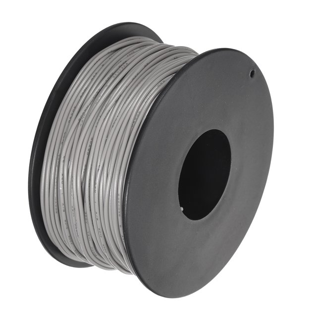 Uxcell 30AWG stranded wire hookup in grey, shown on a 50-meter (164-foot) spool. The wire features a PVC insulation layer that is wear-resistant, acid and alkali resistant, and oil resistant. It has a tinned copper core for low eccentricity, stable current output, and reduced risk of oxidation or short circuits. Ideal for electrical applications.