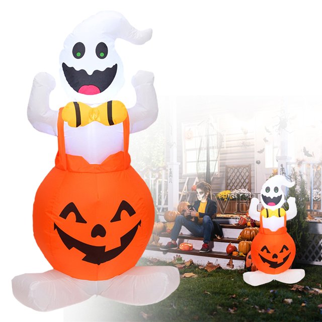 4 FT Halloween Inflatable Decoration Outdoor Blow Up With Hat & Pumpkin Pre Lit Holiday Decor With In LED Lights Powerful Blower & Sandbag For