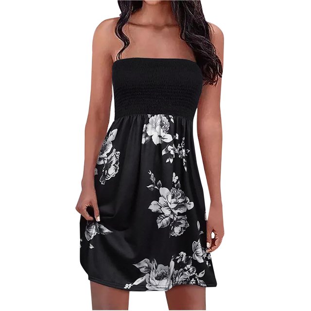 Pompotops Robe Sans Bretelles à Bande Élastique Style Bohème pour Femme Robes Robe Sans Manches à Imprimé Floral