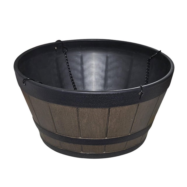 Resin Barrel Planter Garden Flower Pot Decor Hangable Plant Container Brown 12inch - Without chain