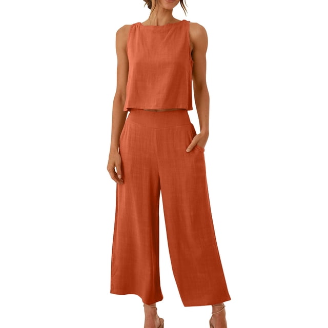 Birdeem Ensemble Mode Femme 2 Pcs Blouse Sans Manches Col Rond + Pantalons à Poches Amples