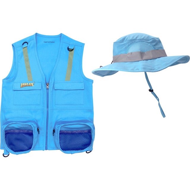 Cargo Vest for Kids with Reflective Straps & Bucket Hat with Chin Strap - Light Blue - S/M