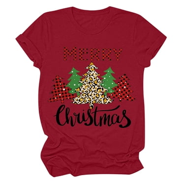 Haut de Sapin de Noël Femme Décontracté Col Rond Manches Courtes T-shirt Imprimé Sapin de Noël Haut