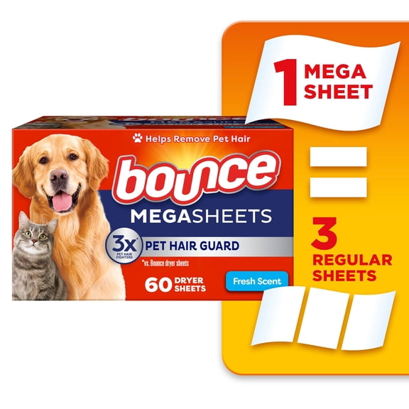 Bounce Feuilles Assouplissantes Méga Protection contre les Poils d'Animaux et les Peluches avec Agents Anti-Poils, Parfum Frais, 60 Unités