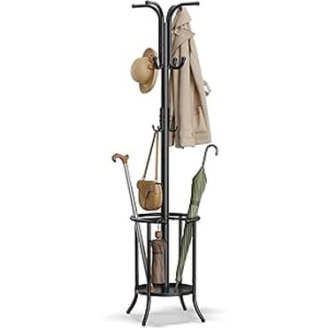 SONGMICS Coat Rack Freestanding, Coat Rack with Umbrella Holder, Metal Coat Rack Stand with 12 Hooks, for Entryway, Hallway, Living Room, Bedroom, Ink Black