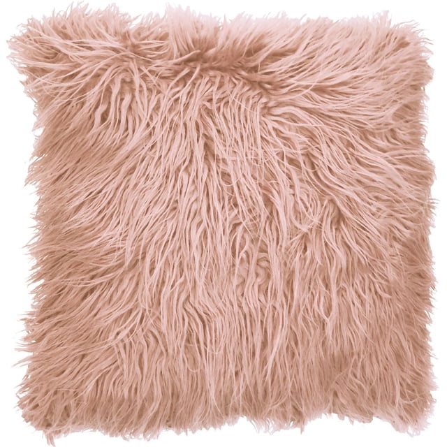 hometrends Mongolian Fur Decorative Pillow in blush pink, 18 by 18 inches, featuring long faux fur fibers for a textured, cozy throw pillow ideal for adding softness and style to living spaces or bedrooms.