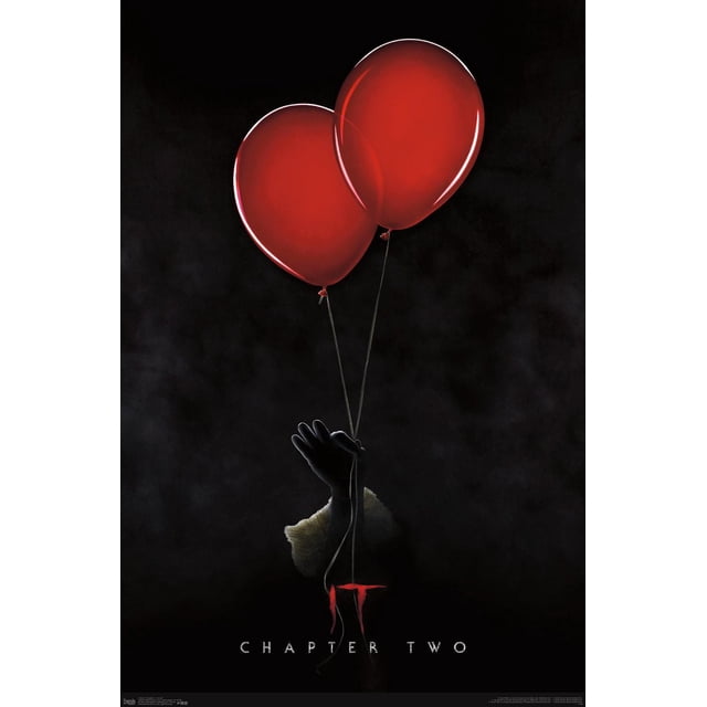 IT : Chapitre 2 - Affiche Murale Teaser d'Une Feuille Représentant un Ballon Rouge Lustré Tenant à la Main, Centré, avec Gants Noirs, sur Leurs Cordes, sur un Fond Sombre et Fumé, avec Texte « IT Chapitre Deux » Ci-Dessous; art Mural Adapté à la Déco de la Maison et aux Pièces à Thème.