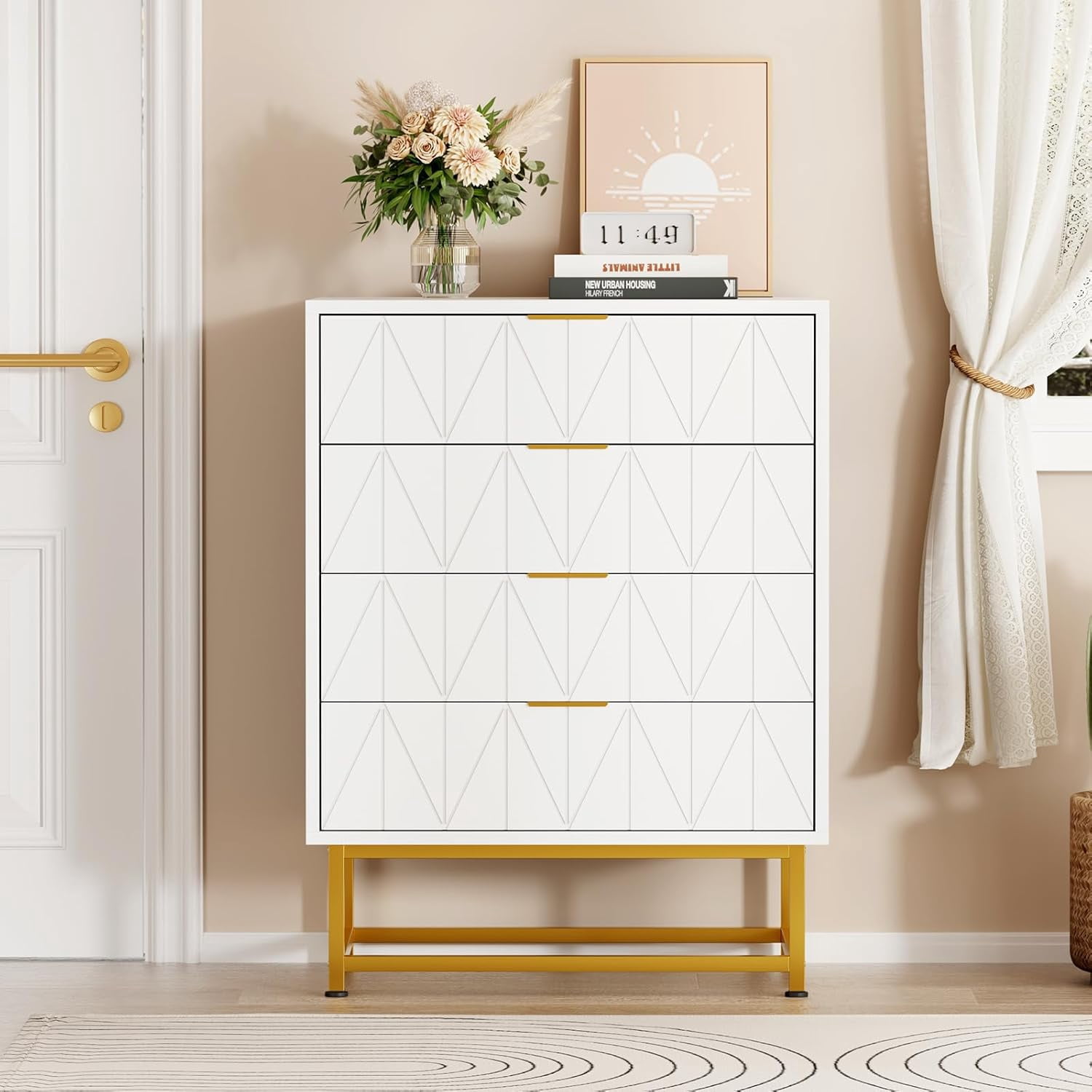 White 4 Drawer Dresser with Gold Metal Handles Modern Small Dresser Storage Cabine Wooden Chest of Drawers for Bedroom,Living Room,Hallway,Entryway - White