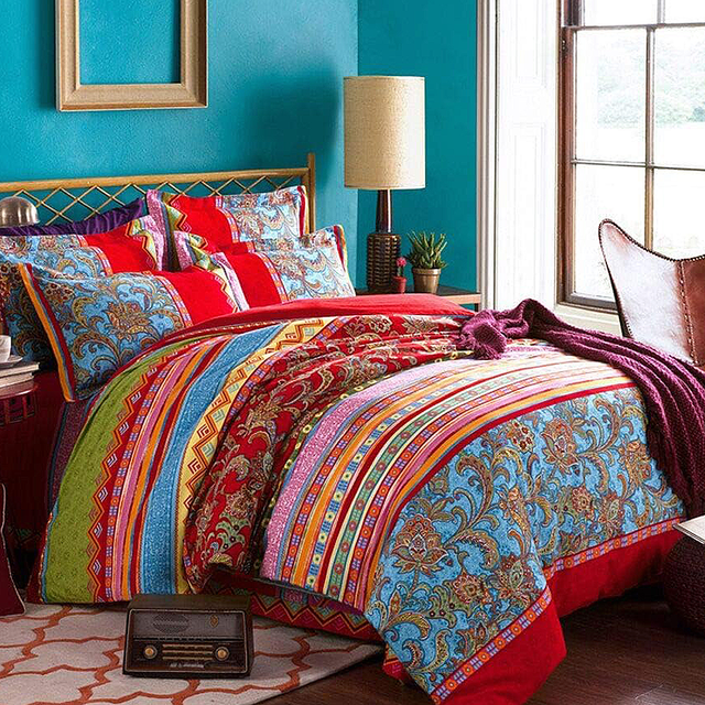 JOLUSERE Bohemian Housse de Couette Boho Format Grand Lit, Ensemble 3 Pcs Rétro Bohemian Mandala à Rayures, Ensembles de Housse de Couette, Rouge Bleu Coloré