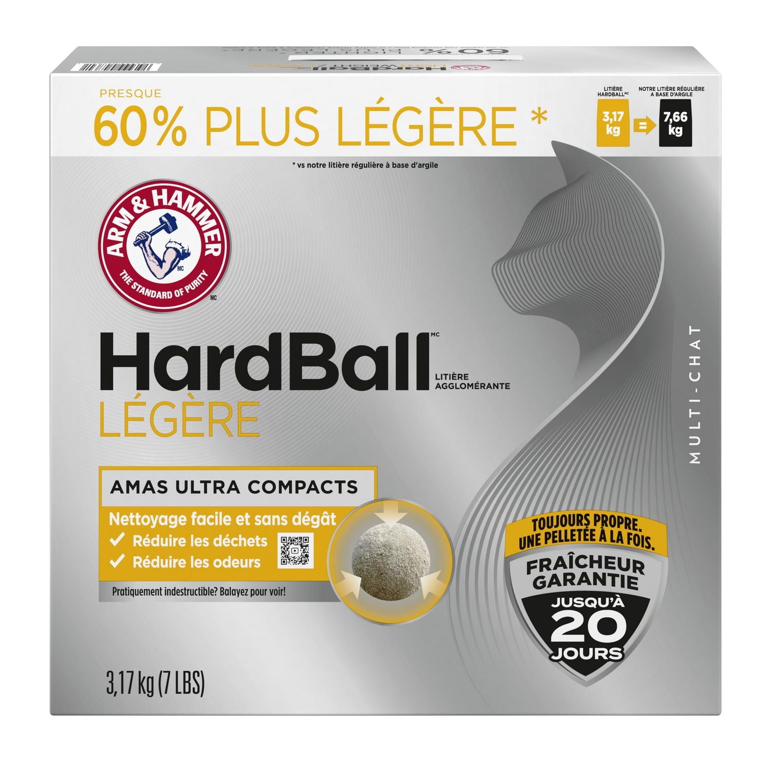 Arm & Hammer Hardball, Litière Agglomérante Légère, Nettoyage Facile et Sans Dégât, 3,17 kg