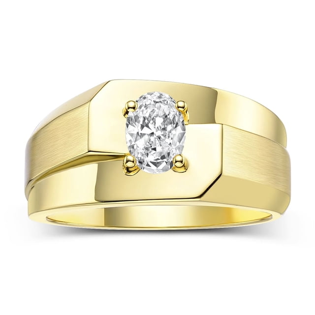 RYLOS Men's Rings 14K Yellow Gold Ring Classic Solitaire 7X5MM Oval Shape Gemstone Designer Band White Topaz April Birthstone Rings For Men Size 10