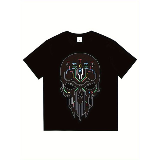 1-Pack Men'S Cyberpunk Skull Graphic T-Shirt - 100% Crew Neck Short Sleeve Tee with Neon Digital Direct Injection Design, Mac
