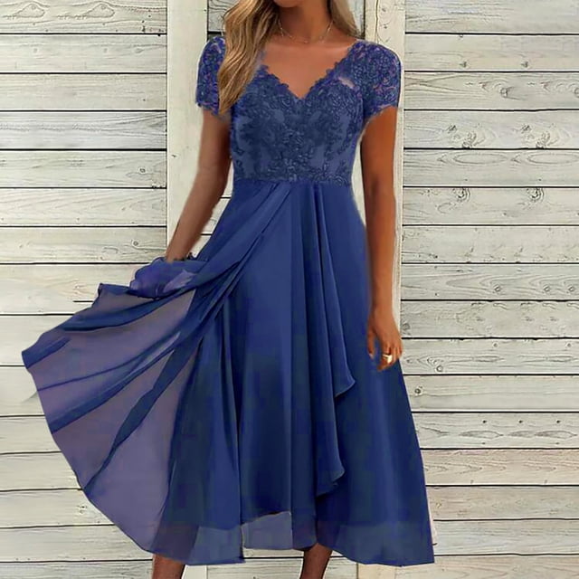 EGNMCR Robes de Soirée pour Femmes, Robes Formelles pour Femmes, Robes de Cocktail pour Femmes Femmes Unies à Manches Courtes Col en V Dentelle Mousseline Maille Taille Robes de Fête Jupe en Mousseline pour Femmes